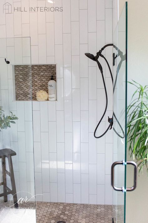 Vertical White Subway Tile Shower Ideas, Vertical Tiles Bathroom Wall, White 4x16 Subway Tile Bathroom, Vertical And Horizontal Subway Tile, Bathroom Subway Tiles White, Bathroom With Vertical Subway Tile, Large Subway Tile Shower White Vertical, Vertical Subway Tile Patterns, Vertical Brick Lay Subway Tile