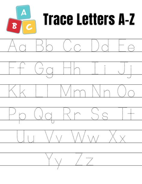 The image shows a printable tracing worksheet with dotted letters from A to Z. Each letter is displayed in uppercase and lowercase, and there is plenty of space for children to practice tracing each letter. The worksheet is designed to help children learn the alphabet and develop their writing skills in a fun and interactive way. A-z Worksheet, A To Z Fonts Alphabet Letters, Letters Revision Worksheets, A To Z Letter Design, A To Z Worksheet Kindergarten, Trace Alphabet Letters, Letter Tracing Printables Free A-z, A To Z Worksheet, Alphabet Tracing Worksheets Preschool