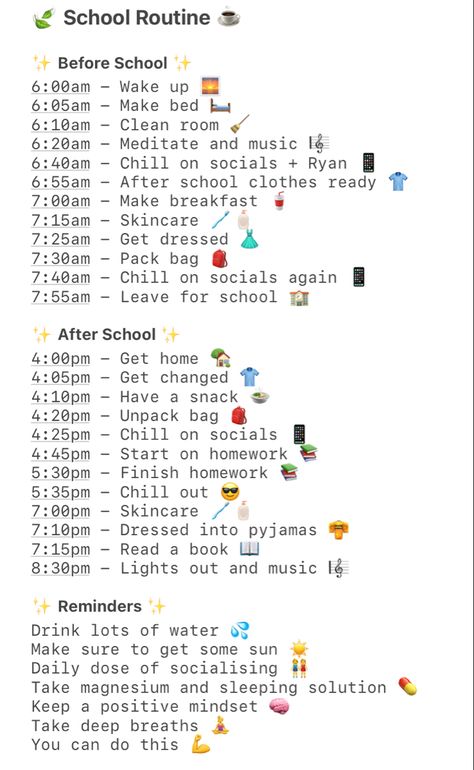 Schedule For The Day Daily Routines, Schedule Morning Routine, Week Day Schedule, Morning Routines For School 7am, Back From School Routine, Cute Morning Routine List, School Daily Routine Schedule, Good School Morning Routines, After School Routine Checklist