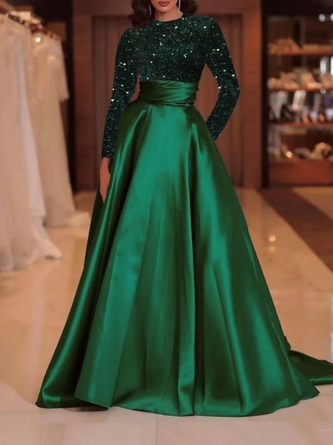 A-Line Evening Gown Sparkle Red Green Dress Formal Cocktail Party Court Train Long Sleeve High Neck Fall Wedding Guest Satin with Sequin 2024 2024 - $156.81 Haute Couture, Green Dress Formal, Evening Gown Elegant, Red Green Dress, Gown Elegant, Evening Dresses Online, Cheap Evening Dresses, Evening Gowns Elegant, Prom Dresses For Sale