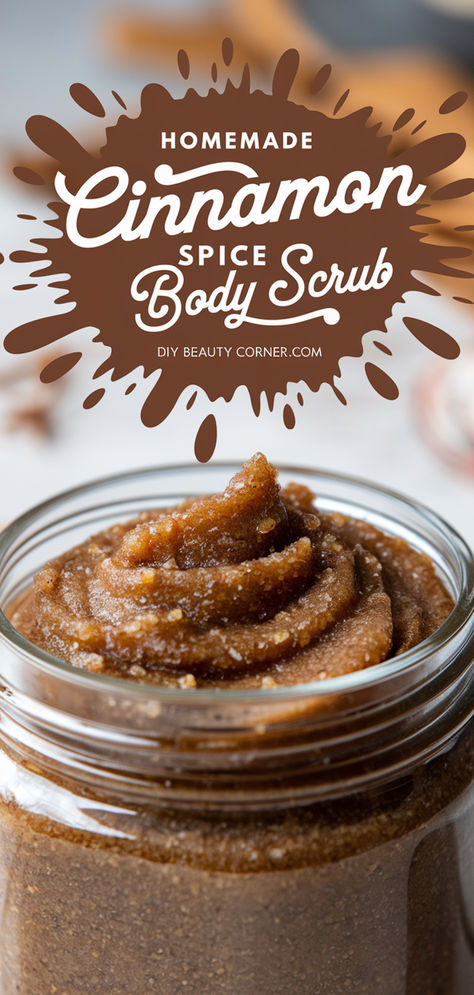 Homemade cinnamon spice body scrub in a glass jar, perfect for exfoliating and nourishing skin with natural ingredients. Homemade Skin Exfoliator, Homemade Body Care Recipes, Salt Scrubs Homemade, Fall Sugar Scrub Recipes, Winter Body Scrub Diy, Non Toxic Body Scrub, Homemade Body Care Products, Body Exfoliator Diy, Diy Body Care Recipes