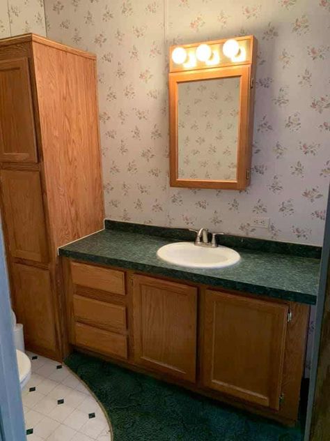 Farmhouse Bathroom Mobile Home, Decorating A Double Wide Home, Remodeling Mobile Homes Bathroom, Double Wide Updates, Remodeling A Trailer Double Wide, Bathroom Ideas Mobile Home, Mobile Home Bathroom Renovations, Painting Trailer Cabinets Mobile Homes, Renovate Double Wide