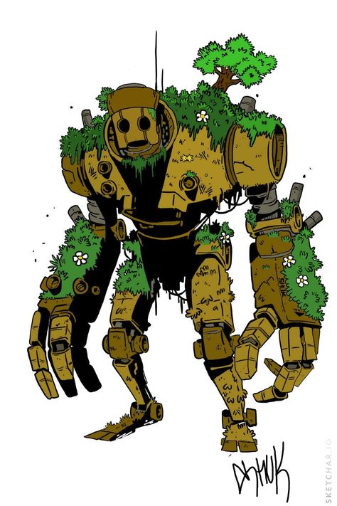 Old robot Overgrown Robot Concept Art, Wooden Robot Fantasy Art, Organic Robot Concept Art, Old Robot Concept Art, Biomechanical Character Design, Overgrown Robot, Fantasy Robot Concept Art, Nature Robot, Borderlands Concept Art