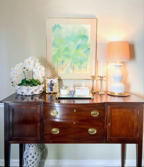 Grandmillennial Decor, Duncan Phyfe, Traditional Home Decor, Sideboard, Antique Buffet, Sideboard Decor Ideas Buffet Sideboard Decor, Dining Buffet Decor Ideas, Dining Buffet Decor, Beecham House, Grandmillenial Style Interiors, Buffet Decor Ideas, Sideboard Decor Ideas, Duncan Phyfe Table, Grandmillennial Decor