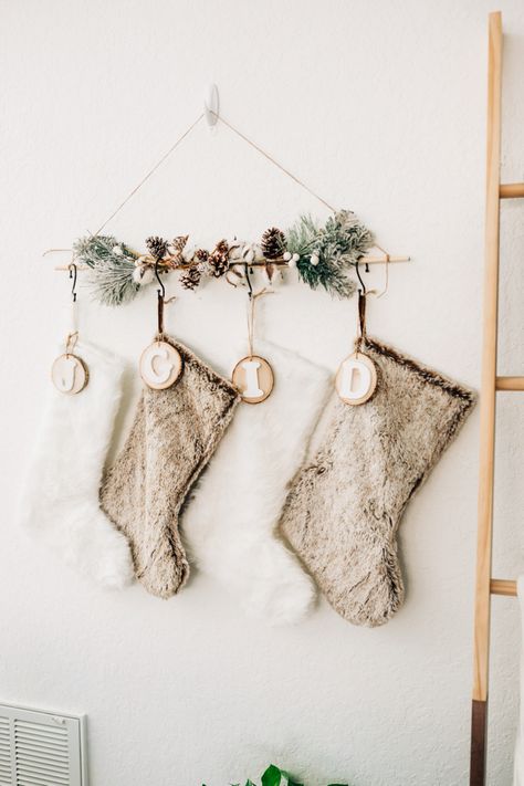 Christmas Socks Hanging Ideas, Stocking Hanger Alternative, Stocking Holders No Mantle, Hang Christmas Stockings Ideas, Boho Stocking Holder, Where To Hang Christmas Socks, Where To Hang Stockings Without A Fireplace, Command Hook Stocking Holder, How To Hang Stockings Without Fireplace