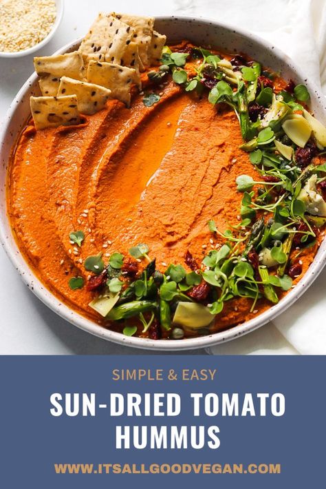 Sun-Dried Tomato Hummus – It's All Good Vegan Hummus Sun Dried Tomato, Sundried Tomato Hummus Recipe, Sun Dried Tomato Hummus Recipe, Tomato Hummus Recipe, Sundried Tomato Hummus, Sun Dried Tomato Hummus, Tomato Hummus, Healthy Vegan Dinner Recipes, Hummus Ingredients