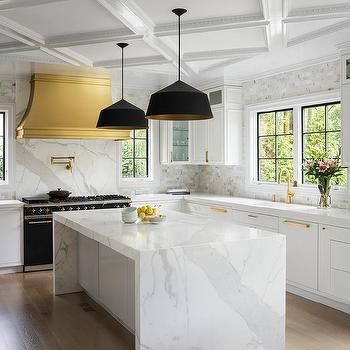 Waterfall Kitchen Island, Waterfall Island Kitchen, Waterfall Kitchen, White Marble Kitchen, Waterfall Island, Recessed Panel Cabinets, Kitchen Transitional, Kitchen New York, Light Hardwood