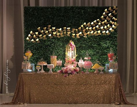 Garden theme candy buffet, staple some boxwood turf and paper butterflies for backdrop. Description from pinterest.com. I searched for this on bing.com/images Wedding Garden Theme, Rustic Candy Buffet, Backdrop Butterfly, Enchanted Forest Prom, Garden Wedding Theme, Boxwood Backdrop, Butterfly Theme Party, Backdrop Floral, Garden Baby Showers