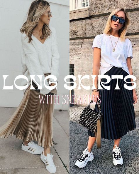 17 Examples Of How To Wear A Pleated Skirt With Sneakers - ljanestyle Patterned Pleated Skirt Outfit, Skirts Sneakers Outfit, Sneakers With Maxi Skirt, Pleated Skirt Outfit Street Style, Pleated Skirt With Sneakers Outfit, Outfits With Skirts And Sneakers, Pleated Skirt Sneakers Outfit, Skirt With Tennis Shoes Outfits, How To Style Pleated Midi Skirt