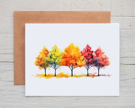 Set of 12 handmade, watercolor fall note cards These beautiful fall cards are perfect for sending fall greetings to family and friends, near & far!  Cards are also helpful if you run a small business and like to include a little note in all of your packages.  Each card is printed on 80lbs 216 GSM card stock.  Size: 4.25 x 5.5 (A2) The inside is left blank for your message Choice of white or kraft self-seal envelopes are included with your purchase. Cards are packaged in clear plastic sleeves to keep them in perfect condition as they make their way to you! Card sets make great teacher gifts, coworker gifts, or gifts for family & friends! Thank you for shopping small! Autumn Greeting Cards, Inside Tree, Watercolor Stationary, Diy Watercolor Cards, Learn Watercolor Painting, Watercolor Birthday Cards, Fall Landscape, Fall Tree, Learn Watercolor