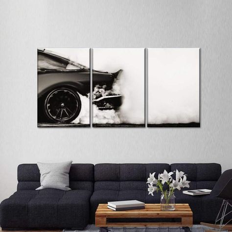 Muscle Car Drift Multi Panel Canvas Wall Art Wall Art Mens Bedroom, Crazy Posters, Guy Living Room, Guy Home Decor, Guy Room Ideas, Basement Vibes, Bachelor Bedroom, Car Room Decor, Masculine Wall Art