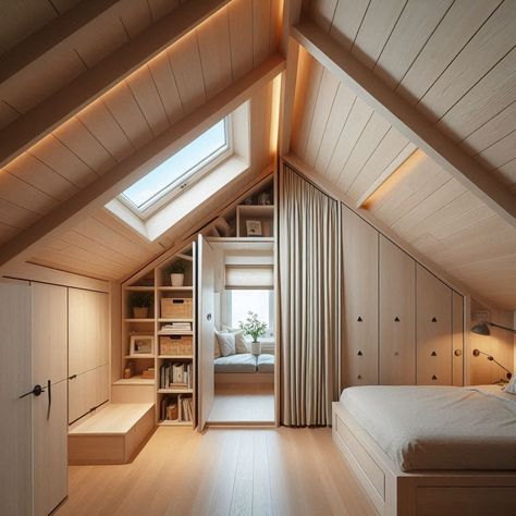 Attic Hanging Storage, Low Ceiling Attic Conversion, Small Attic Studio, Attic Trusses Loft Conversions, Finished Attic Closet, Attic Scuttle Ideas, Built In Beds Attic Slanted Ceiling, Attic Paneling, Attic Renovation Bedroom