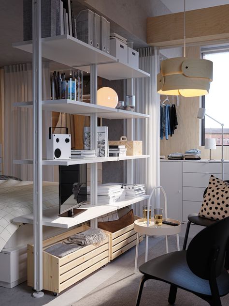 Elvarli Ikea, Ikea Studio Apartment, Ikea Elvarli, Ikea Room Divider, Room Divider Shelves, Rent Studio, Flexible Furniture, Ikea Ivar, Bedroom Trends