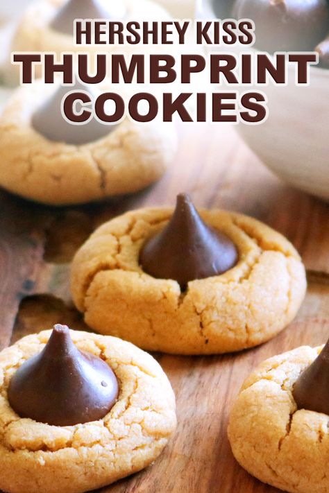 Hershey Kiss Thumbprint Cookies, Kiss Thumbprint Cookies, Peanut Butter Hershey Kiss Cookies, Peanut Butter Kiss Cookies Recipe, Peanut Butter Thumbprint Cookies, Kiss Cookie Recipe, Hershey Kiss Cookies, Chocolate Hershey, Thumbprint Cookie