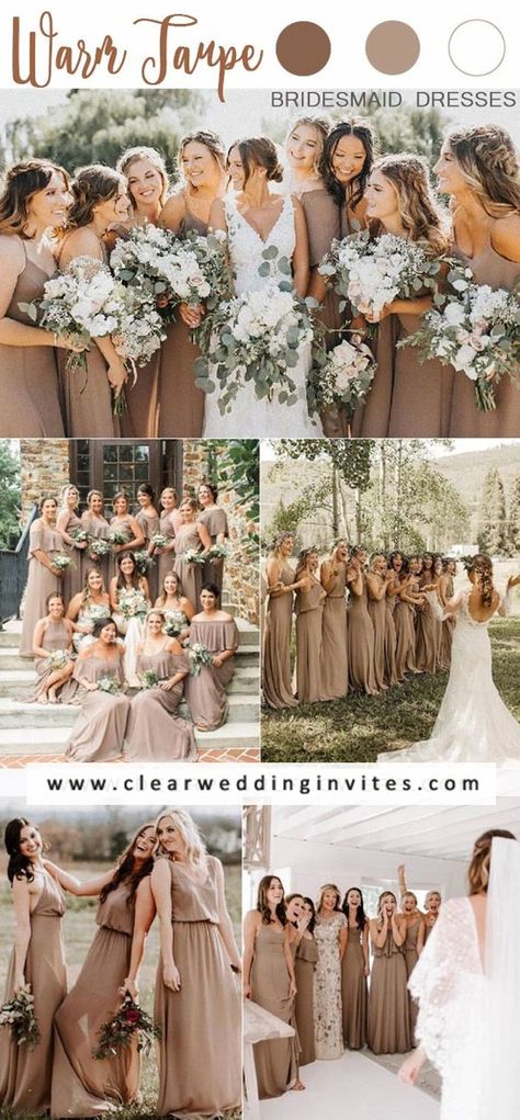 9 Fashionable Earth Tone Fall Wedding Color Palettes – Clear Wedding Invites Taupe And Greenery Wedding, Taupe Wedding Colors, Taupe Bridesmaid, Earth Tone Wedding, Taupe Wedding, Taupe Bridesmaid Dresses, Wedding Color Pallet, Fall Wedding Color Palette, Wedding Color Ideas