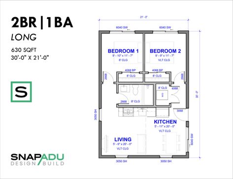 Snap ADU Floor Plan 2 Bedroom 1 Bath 630 sqft 30×21 Long 2 Bedroom 600 Sq Ft Floor Plan, 2 Bd 1 Bath Floor Plan, 650 Sf House Plans, 2 Bedroom 1 Bath Apartment Floor Plan, 2 Bedroom Small Apartment, Tiny 2 Bedroom Apartment, Adu Floor Plans 700 Sq Ft, 20x32 House Plans, 20 X 32 Floor Plan