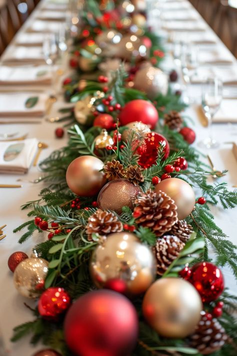 25 Best Christmas Table Centerpieces To Recreate On A Budget Garland Table Decor Christmas, Easy Christmas Wedding Centerpieces, Christmas Decor Ideas For The Table, Banquet Christmas Centerpieces, Christmas Centerpieces Ornaments, Greenery Centerpiece Christmas, Christmas Decorations Table Dining Rooms, Christmas Table Setup Ideas, Christmas Bouquet Centerpiece