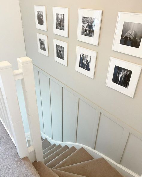 Stairway Wall Ideas, Stairs And Landing Decor, Hallway And Stairs Ideas, Hallway Wall Colors, Staircase Paneling, Decorating Stairway Walls, Stairs And Hallway Ideas, Paneling Ideas, Stair Paneling