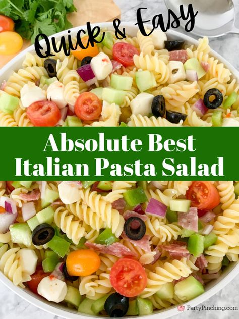 absolute best pasta salad, quick and easy pasta salad, best pasta summer salad, 20 minute pasta salad, suddenly salad, cucumber bell pepper rotini olive red onion tomato fresh mozzarella gluten free Italian dressing genoa salami gluten free pasta salad, picnic pasta salad for a crowd potluck Best Italian Dressing For Pasta Salad, Pasta Salad Salami Italian Dressing, Macaroni Salad Italian, Rotini Salad Cold Pasta, Simple Pasta Salad With Italian Dressing, Rotini Pasta Side Dishes Easy, Cold Pasta Salad Recipes Without Mayo, Italian Dressing Pasta Salad Recipes, Pasta Pepperoni Salad