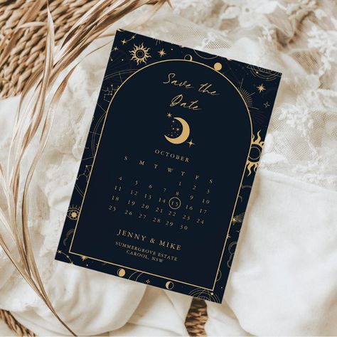 Celestial Save The Date Ideas, Celestial Save The Date, Star Border Design, Celestial Calendar, Celestial Themed Wedding, Celestial Wedding Invitations, Witchy Wedding, Celestial Elements, Sweet 16 Themes