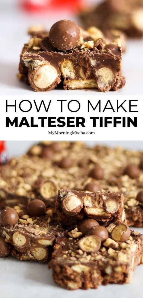 This no bake Malteser tiffin recipe is tasty and so easy to make. It's a fridge cake traybake that's so popular and delicious. Malteser Tiffin, Cake Traybake, Baking Recipes Uk, Chocolate Tiffin Recipe, Rich Tea Biscuits, Summer Desserts Easy Healthy, Fridge Cake, Desserts Summer, Tiffin Recipe