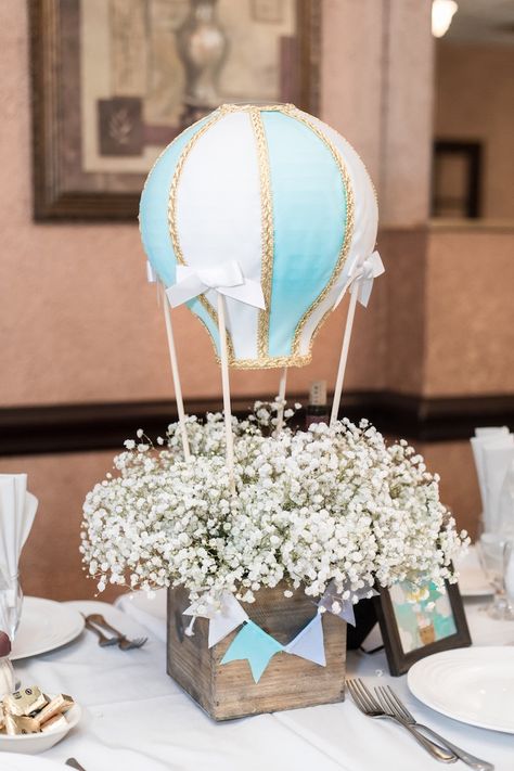 Hot Air Balloon Floral Table Centerpiece from a Woodland Animal Hot Air Balloon Birthday Party on Kara's Party Ideas | KarasPartyIdeas.com (35) Air Balloon Centerpiece, Hot Air Balloon Centerpiece, Hot Air Balloon Birthday Party, Theme Bapteme, Hot Air Balloon Centerpieces, Hot Air Balloon Birthday, Air Balloon Birthday, Hot Air Balloon Cake