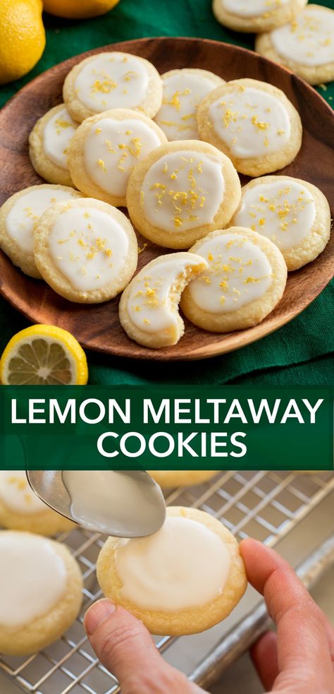 Bright and tender Lemon Meltaway Cookies! It's a simple, buttery, fresh lemon flavored cookie that's topped with a sweet and vibrant glaze. After one taste they may just become a new favorite! Classy Desserts, Lemon Meltaway Cookies, Meltaway Cookies, Cookie Glaze, Lemon Drop Cookies, Lemon Cookies Recipes, Lemon Sugar Cookies, Lost 100 Pounds, Lemon Cookies