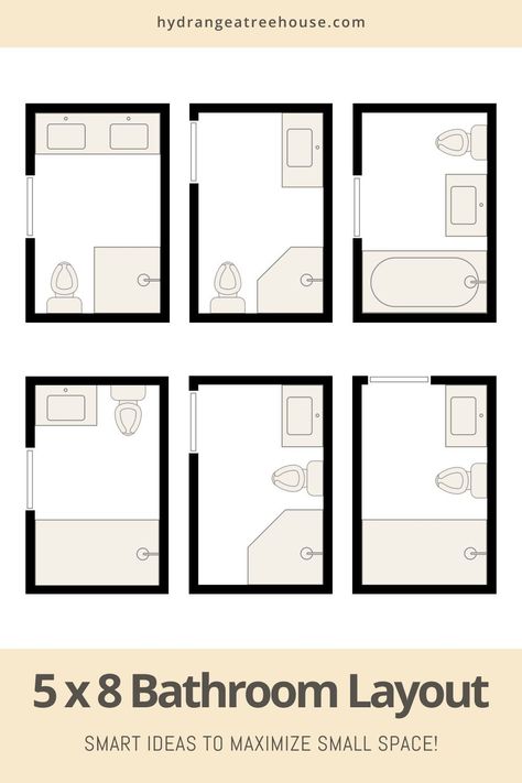 I know the feeling of having a cramped 5x8 bathroom all too well—I have two small bathrooms in my own home that are about the same size. But don't worry, just because the space is compact doesn't mean you have to compromise on design. There are easy ways to enhance functionality and create a sense of spaciousness. Consider these clever layout ideas to transform your 5x8 bathroom: from smart floor plans to options like a wall-to-wall shower or tub, a corner shower, or even a double vanity! Toilet Opposite Shower Layout, Bathroom Remodel Square Room, Small Bathroom Floorplans, Hidden Toilet In Bathroom Layout, 5x8 Bathroom Remodel Ideas, 5x8 Bathroom Layout Floor Plans, Corner Shower And Tub, 9 X 7 Bathroom Layout, Small Bathrooms With Corner Showers