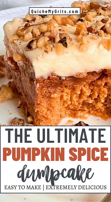 A Pumpkin Spice Flip Cake with cream cheese frosting and a moist, spiced interior. The cake is garnished with a dusting of powdered sugar and a sprinkle of cinnamon, presenting an inviting and seasonal dessert. Healthy Pumpkin Dump Cake, Pumpkin Dump Cake With Graham Crackers, Pumpkin Spice Dump Cake Easy, Pumpkin Pie Filling Dump Cake, Easy Pumpkin Spice Cake 3 Ingredients, Pumpkin Cream Cheese Swirl Cake, Spice Cake Pumpkin Recipes, Dump Spice Cake Recipes, Pumpkin Cream Cheese Dump Cake Recipe