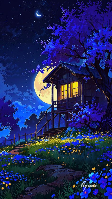 What dreams do you chase under the moonlight? ✨ 🌟 Follow: @gemilyly . . . #cabininthewoods #starrynight #moonlight #naturelovers #instaart #instaartist #aesthetic #artwork #illustration #conceptart #landscape #nature #sky #stars #cozyhome #dreamy #magical #night #house #chillhood #peaceful #vibes #aiart #digitalai #ligemi_ni Night House, Solar System Art, Night Sky Art, Aesthetic Artwork, Peaceful Vibes, Night Sky Painting, Galaxy Images, Under The Moonlight, Sky Stars