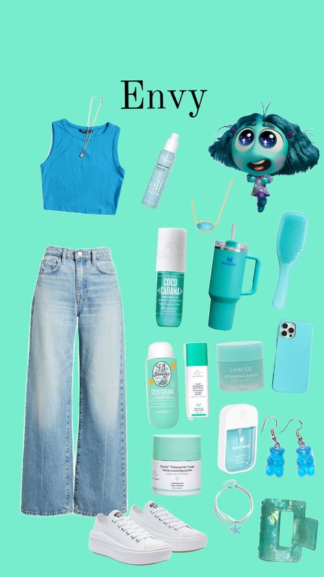 Envy from Inside Out inspired fit#Teal Envy Outfit Ideas Inside Out, Inside Out Outfit Ideas Aesthetic, Inside Out Inspired Outfits, Inside Out 2 Outfit Ideas, Inside Out Outfit Ideas, Envy Inside Out, Inside Out Costume, 70’s Outfit, Movie Inside Out