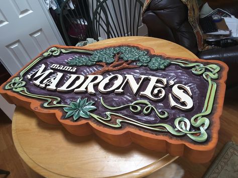 Hand carved sign.  Double sided.  48" wide x 30" tall x 4" thick Wood Carved Signs, Hand Carved Wood Signs, Custom Carved Wood Signs, Hand Carved Signs, Carving Templates, Signs Design, Wooden Carved Signs, Wood Carving Faces, Engraved Wood Signs