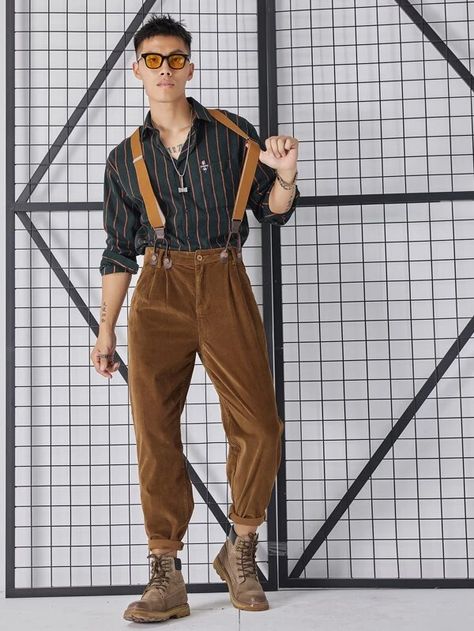 Men Solid Corduroy Pants With Suspender | SHEIN ASIA Suspenders Outfit Men, Mens Suspenders Outfit, Outfits With Suspenders, Suspenders Men Fashion, Suspenders Casual, Suspenders Outfit, Pants Outfit Men, Suspenders Men, Leather Suspenders