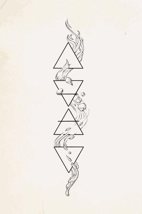 All 4 Elements Tattoo, Elemental Triangles Tattoo, Elements Minimalist Tattoo, Elements Triangle Tattoo, The Elements Tattoo Ideas, Fine Line Elements Tattoo, 4 Elements Tattoo Design, Elements Geometric Tattoo, Symbols For The Elements