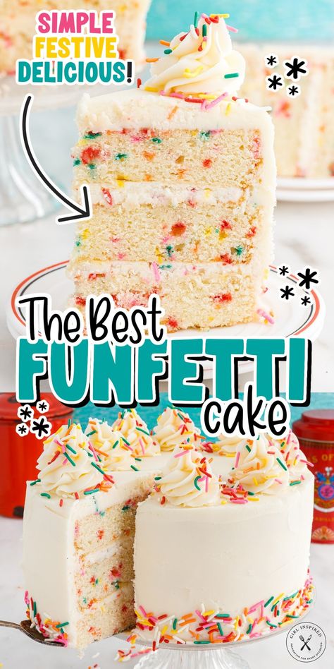 This homemade funfetti cake recipe is so simple to make, only requires pantry staples and rainbow sprinkles! Its a buttery vanilla cake, with flakes of color throughout and topped with a from scratch vanilla buttercream frosting. Funfetti Cake Mix Recipes, Vanilla Birthday Cake Recipe, Homemade Funfetti Cake, Funfetti Cake Recipe, Confetti Cake Recipes, Vanilla Cake From Scratch, Fluffy Vanilla Cake, Vanilla Birthday Cake, Funfetti Cake Mix