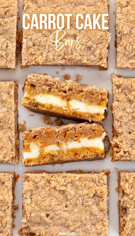 Carrot cake bars, cut into servings, with one bar flipped on its side showing the creamy center. Carrot Bars Recipe, Carrot Cake Brownies Bar, Carrot Cheesecake Bars, Carrot Cake Squares, Carrot Cake Bars With Cream Cheese, Desserts With Cream Cheese Frosting, Baking With Cream Cheese, Carrot Cake Desserts, Brownie Types