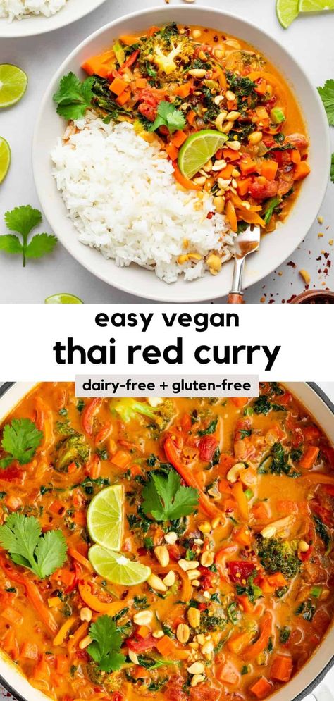 This vegan Thai red curry recipe is rich, creamy, savory, and so flavorful! The easy one pot recipe is made in 30 minutes or less. It's made with coconut milk, red curry paste, and loaded with vegetables (like bell peppers, broccoli, carrots, and kale). It's dairy-free, gluten-free, and perfect for busy weeknights. Plus, you can enjoy it the next day as a meal prep lunch. Serve it with rice for the ultimate healthy comfort food meal! #thairedcurry #redcurry #vegancurry #redcurry #curryrecipes Thermomix, Vegan Thai Red Curry, Red Curry Lentils, Vegan Red Curry, Curry With Tofu, Thai Red Curry Recipe, Healthy Curry Recipe, Red Curry Recipe, Vegetarian Thai