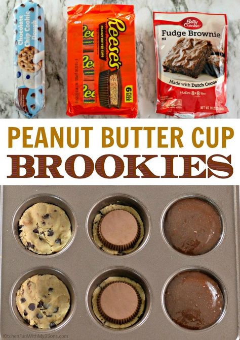 Brookie Cups, Stuffed Brookies, Brookies Recipe, Strawberry Cake Mix Cookies, Peanut Butter Cup Brownies, Refrigerated Cookie Dough, Brownie Cups, Peanut Butter Cup Cookies, Reeses Cups