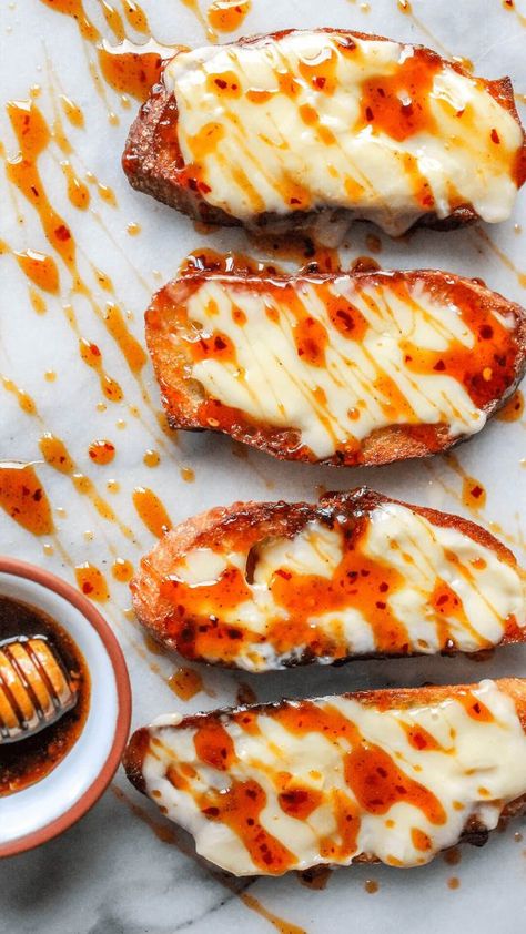 St.Albans creamy cheese & hot honey chili crisp  - bon abbetit Easy Crostini, Hot Honey Recipe, Quick Apps, Chili Crisp, Hot Honey, St Albans, Honey Recipes, Creamy Cheese, Fabulous Foods