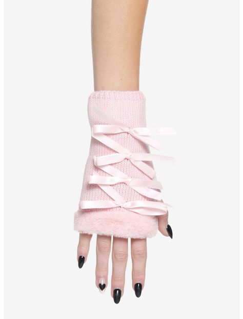 Pink Cat Paws Bow Fingerless Gloves | Hot Topic Aesthetic Pink Clothes, Cute Fingerless Gloves, Paw Design, Tall Hoodies, Kawaii Fashion Outfits, Crochet Gloves, Cat Paw, Pink Cat, Socks And Tights