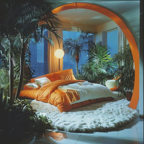 80s, 90s, retro style, vintage, miami, 70s, old, interior, design, luxury, midcentury modern, 80s aesthetic, home decor, orange, bedroom, 70s aesthetic 80s Luxury Bedroom Aesthetic, 2000s Modern Interior Design, 80s House Design, 70s Circle Bed, 80s Bedframe, 90s Retro Bedroom, Retro Futuristic Apartment, 70 Aesthetic Room, Rich 80s House