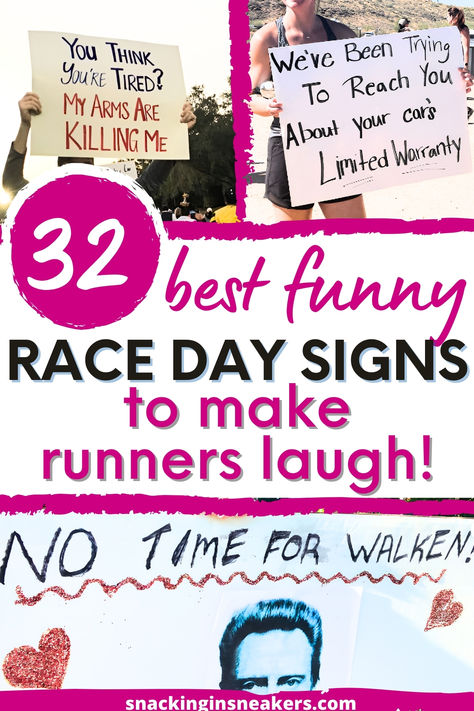 A collage of three funny race day signs for runners with a text overlay that says best funny race day signs to make runners laugh. Marathon Race Signs Funny, Running Spectator Signs, Half Marathon Support Signs, Bike Race Signs, Running Posters For Races Funny, Half Marathon Posters Ideas Funny, Cross Country Signs Ideas Funny, Funny Signs For Marathon Runners, Signs For Runners Cheer