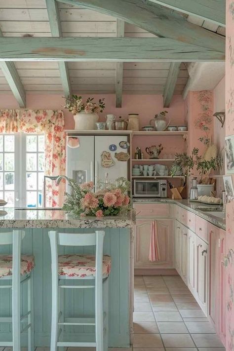 (6) Facebook Beachy Shabby Chic Decor, Pink And Teal Kitchen Ideas, Shabby Chic Kitchen Decor French Country, Cozy Cottage Kitchen Aesthetic, Pink Cottage Kitchen, Old Cottage Aesthetic, Fairycore Kitchen, Cute Kitchens, Fairytale House Interior