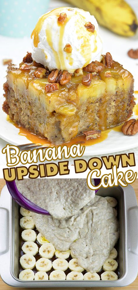 Up Side Down Banana Cake, Banana Upside Down Cake With Box Cake, Carmelized Banana Dessert, Banana Foster Upside Down Cake, Bananas Foster Desserts, Banana Food Ideas, Nutella Banana Boats, Banana Dump Cake Recipes, Banana Deserts Recipes