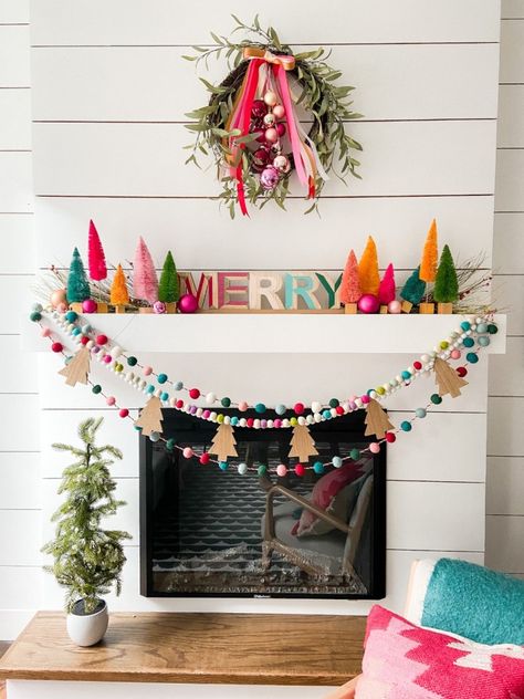 DIY Christmas Ideas Decorations - Happy Happy Nester Bright Christmas Garland, Multicolor Christmas Decor, Bright Colored Christmas Decor, Colorful Boho Christmas Decor, Christmas Decor Ideas Colorful, Merry And Bright Christmas Decor, Diy Christmas Mantel Decor, Colorful Christmas Wreath, Bright Christmas Decor