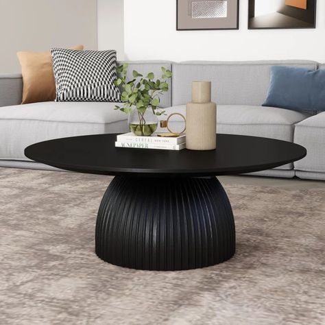 Latitude Run® Black Round Coffee Table - Wayfair Canada Wood Coffee Table Modern, Round Black Coffee Table, Round Coffee Table Styling, House Moodboard, Black Coffee Table, Coffee Table Black, Round Wood Coffee Table, Solid Coffee Table, Drum Table