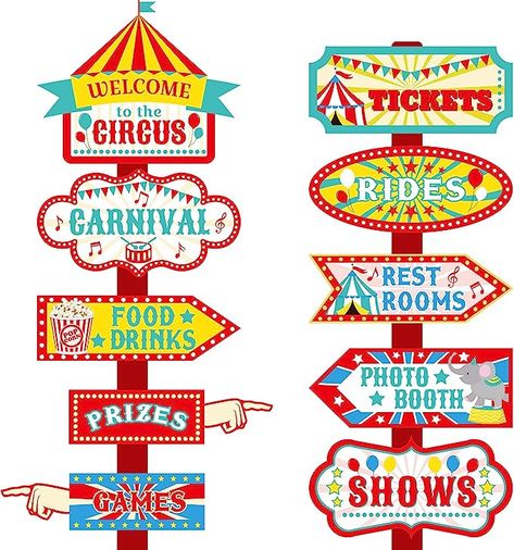 Kids Carnival Birthday Party, Circus Signs, Cirque Vintage, Carnival Signs, Carnival Party Decorations, Circus Party Decorations, Circus Carnival Party, Carnival Decorations, Circus Decorations