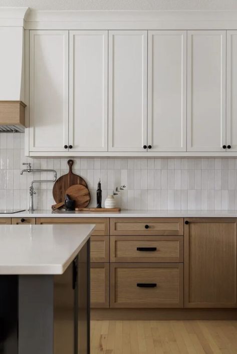 Kitchen Backsplash With Two Tone Cabinets, Wood Bottom White Top Cabinets, Talk Kitchen Cabinets, Neutral Brown Kitchen Cabinets, Double Kitchen Cabinets, Three Color Kitchen Cabinets, Gray White And Wood Kitchen, White Wood Cabinets Kitchen, Two Tone Oak Kitchen Cabinets