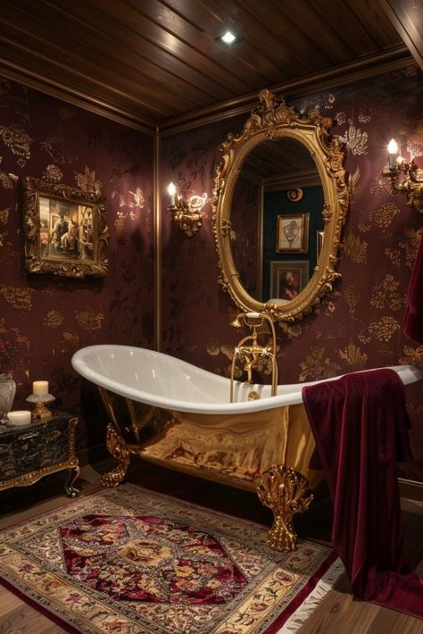 Victorian Bathroom Decor, Gold Bathroom Decor Ideas, Dining Room Table Farmhouse, Opulent Decor, Golden Bathroom, Burgundy Decor, Gold Leaf Wall, Glamorous Bathroom Decor, Royal Bathroom