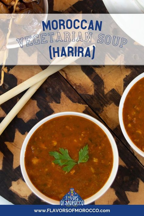 Experience the vegetarian version of Harira, the iconic Moroccan soup enjoyed during Ramadan and throughout the year. With its zesty tomato base and silky texture, this filling meal-in-a-bowl features a variety of vegetables and legumes which make it both filling and nutritious. Learn how to perfect Harira soup on the Flavors of Morocco website. Harira Soup Morocco Vegetarian, Harira Soup, Moroccan Soup, Ramadan Table, Vegetarian Soup, Silky Texture, Filling Recipes, Soups, Ramadan